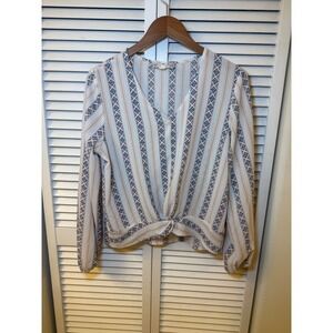 Pink Republic Womens  Stripe Twist Front V-Neck Blouse Cream Blue Medium